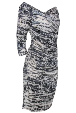 Diane von Furstenberg - White & Gray Marbled Printed Ruched Dress Sz 10