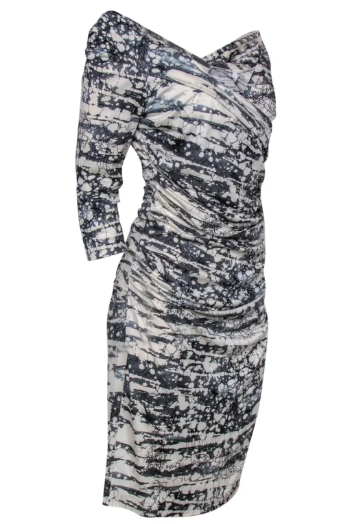 Diane von Furstenberg - White & Gray Marbled Printed Ruched Dress Sz 10