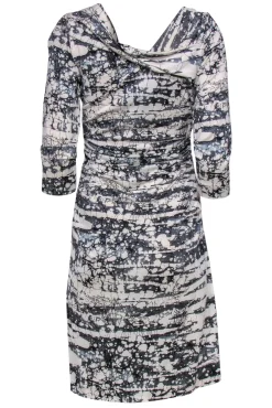 Diane von Furstenberg - White & Gray Marbled Printed Ruched Dress Sz 10