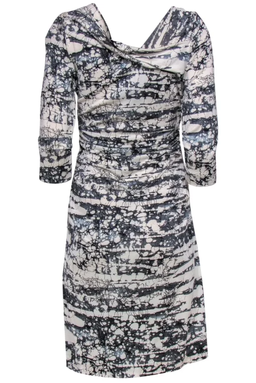 Diane von Furstenberg - White & Gray Marbled Printed Ruched Dress Sz 10