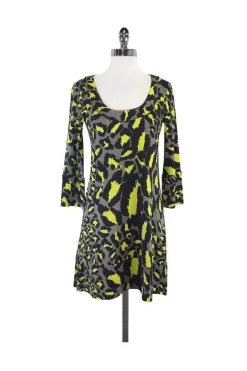 Diane von Furstenberg - Yellow & Grey Silk Shift Dress Sz 2