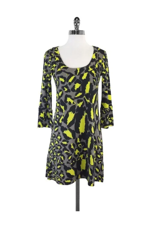 Diane von Furstenberg - Yellow & Grey Silk Shift Dress Sz 2