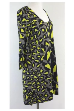 Diane von Furstenberg - Yellow & Grey Silk Shift Dress Sz 2