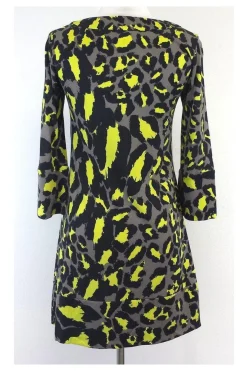 Diane von Furstenberg - Yellow & Grey Silk Shift Dress Sz 2