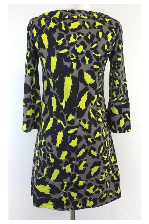 Diane von Furstenberg - Yellow & Grey Silk Shift Dress Sz 2