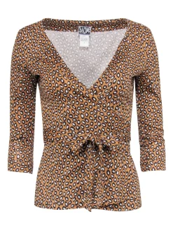 Diane von Furstenberg- Tan, Black & White Cheetah Print Silk Wrap Top Sz 2