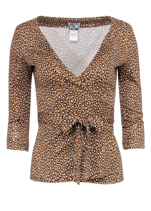 Diane von Furstenberg- Tan, Black & White Cheetah Print Silk Wrap Top Sz 2