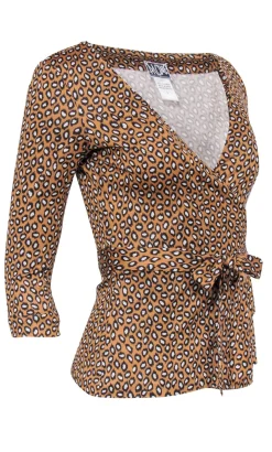 Diane von Furstenberg- Tan, Black & White Cheetah Print Silk Wrap Top Sz 2