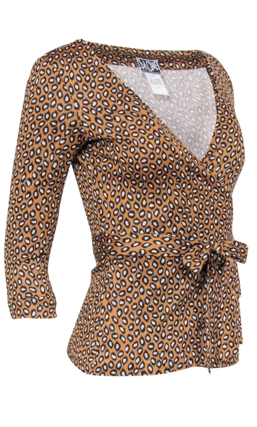 Diane von Furstenberg- Tan, Black & White Cheetah Print Silk Wrap Top Sz 2