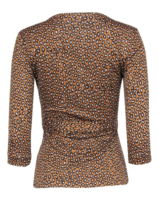 Diane von Furstenberg- Tan, Black & White Cheetah Print Silk Wrap Top Sz 2