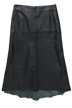 DKNY - Black Smooth Leather Midi Skirt w/ Asymmetric Hem Sz 6