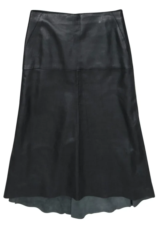 DKNY - Black Smooth Leather Midi Skirt w/ Asymmetric Hem Sz 6