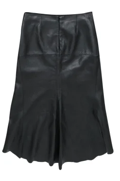 DKNY - Black Smooth Leather Midi Skirt w/ Asymmetric Hem Sz 6