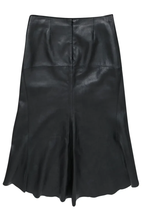 DKNY - Black Smooth Leather Midi Skirt w/ Asymmetric Hem Sz 6
