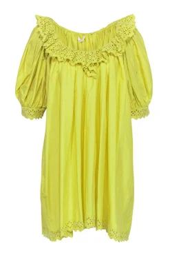 Doen - Green Cotton Babydoll Dress w/ Eyelet Trim & Puff Sleeves Sz XL
