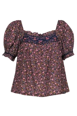 Doen - Multicolor Floral Print Embroidered Puff Sleeve Blouse Sz XS