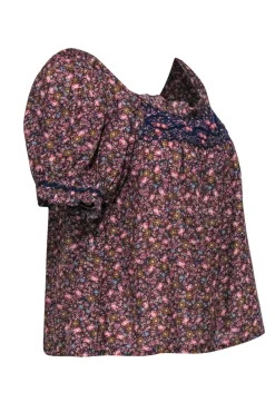 Doen - Multicolor Floral Print Embroidered Puff Sleeve Blouse Sz XS