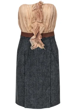 Dolce & Gabbana - Beige & Grey Strapless Ruffle Wine Print Sheath Dress Sz 4