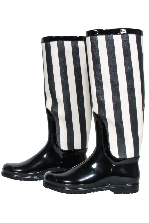 Dolce & Gabbana - Black & Cream Striped Rain Boots Sz 8