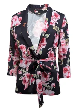 Dolce & Gabbana - Black & Pink Rose Print Waist Tie Blazer Sz S