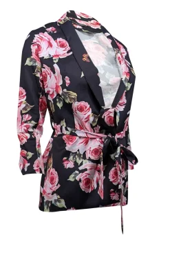 Dolce & Gabbana - Black & Pink Rose Print Waist Tie Blazer Sz S