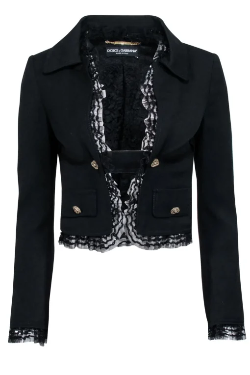 Dolce & Gabbana - Black Cropped Blazer w/ Lace Trim & Double Breasted Buttons Sz 2