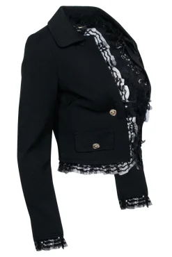 Dolce & Gabbana - Black Cropped Blazer w/ Lace Trim & Double Breasted Buttons Sz 2