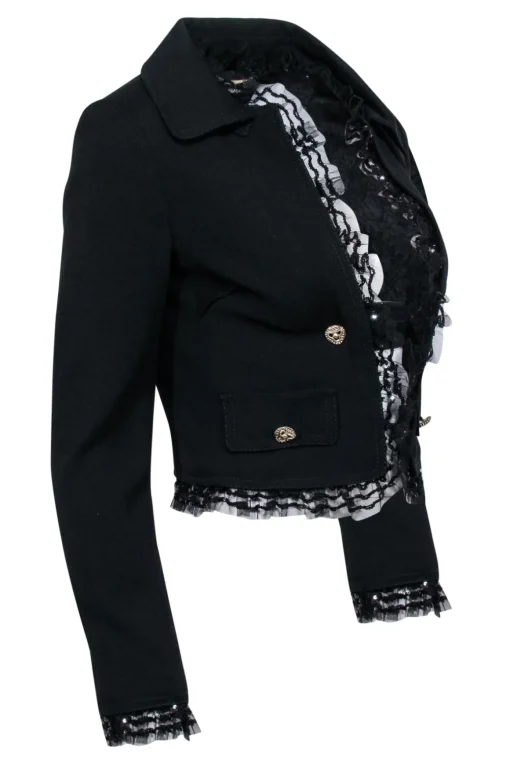 Dolce & Gabbana - Black Cropped Blazer w/ Lace Trim & Double Breasted Buttons Sz 2