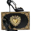 Dolce & Gabbana - Black Quilted T-Strap Peep Toe Pumps w/ Gold Heart & Chain Sz 8.5
