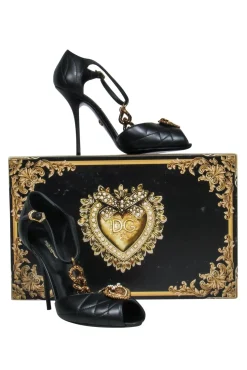 Dolce & Gabbana - Black Quilted T-Strap Peep Toe Pumps w/ Gold Heart & Chain Sz 8.5