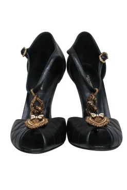 Dolce & Gabbana - Black Quilted T-Strap Peep Toe Pumps w/ Gold Heart & Chain Sz 8.5