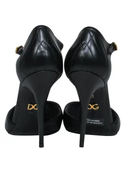 Dolce & Gabbana - Black Quilted T-Strap Peep Toe Pumps w/ Gold Heart & Chain Sz 8.5