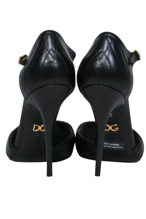 Dolce & Gabbana - Black Quilted T-Strap Peep Toe Pumps w/ Gold Heart & Chain Sz 8.5