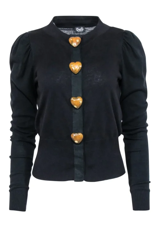 Dolce & Gabbana - Black Wool Blend Cardigan w/ Heart Buttons Sz 2