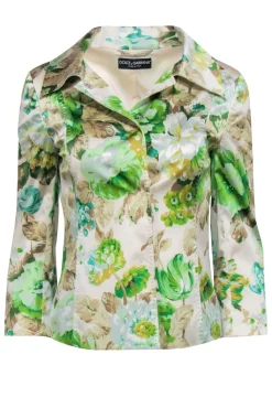 Dolce & Gabbana - Cream & Green Floral Print Satin Jacket Sz 4