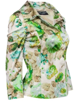 Dolce & Gabbana - Cream & Green Floral Print Satin Jacket Sz 4