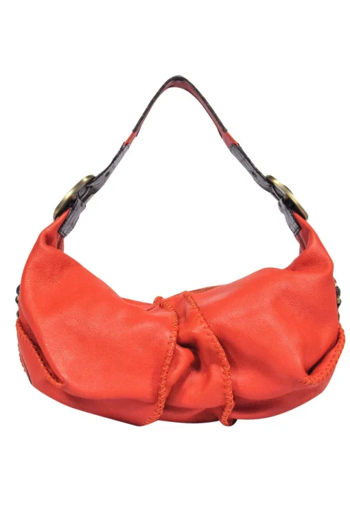 Dolce & Gabbana - Orange Textured Leather Shoulder Bag w/ Reptile Embossed Trim