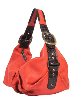 Dolce & Gabbana - Orange Textured Leather Shoulder Bag w/ Reptile Embossed Trim
