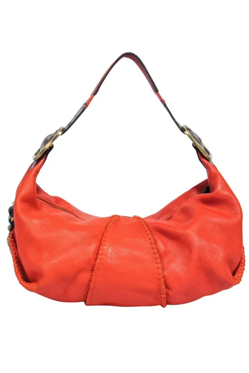 Dolce & Gabbana - Orange Textured Leather Shoulder Bag w/ Reptile Embossed Trim