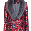 Dolce Cabo - Red, Grey, & Navy Jacquard Floral Blazet w/ Fox Fur Collar Sz S