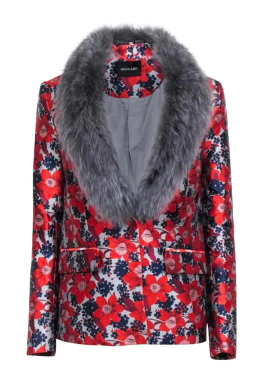 Dolce Cabo - Red, Grey, & Navy Jacquard Floral Blazet w/ Fox Fur Collar Sz S