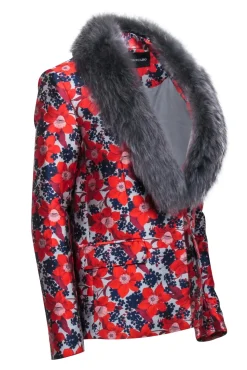 Dolce Cabo - Red, Grey, & Navy Jacquard Floral Blazet w/ Fox Fur Collar Sz S