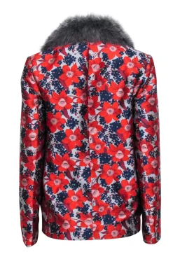 Dolce Cabo - Red, Grey, & Navy Jacquard Floral Blazet w/ Fox Fur Collar Sz S