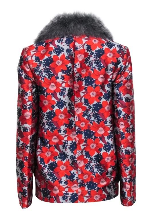 Dolce Cabo - Red, Grey, & Navy Jacquard Floral Blazet w/ Fox Fur Collar Sz S
