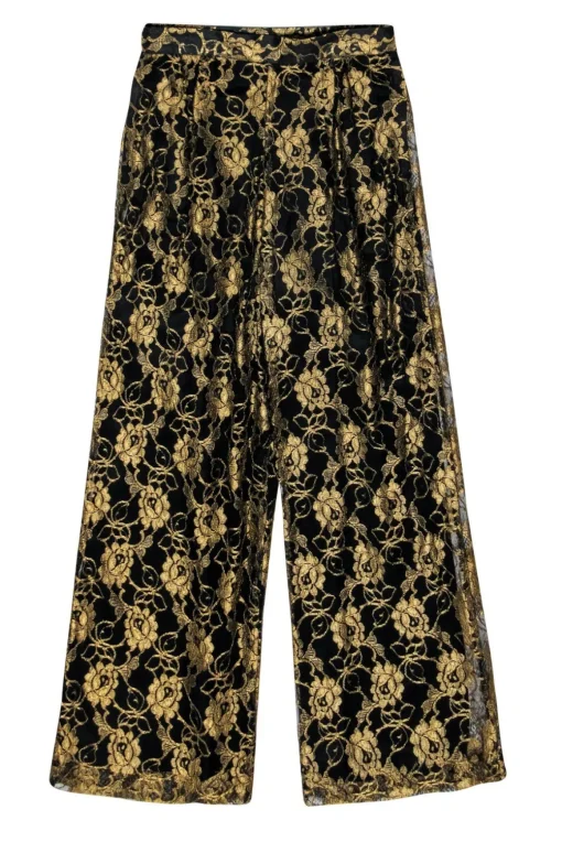 Doncaster - Black & Gold Floral Lace Wide Leg Trousers Sz 8