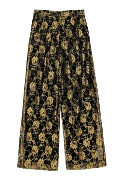 Doncaster - Black & Gold Floral Lace Wide Leg Trousers Sz 8