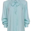 Doncaster - Blue Brocade Textured Button-Up Blouse w/ Neck Tie Sz 12