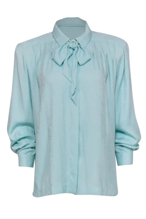 Doncaster - Blue Brocade Textured Button-Up Blouse w/ Neck Tie Sz 12