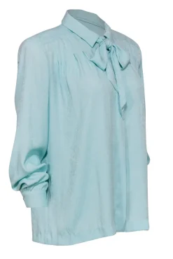Doncaster - Blue Brocade Textured Button-Up Blouse w/ Neck Tie Sz 12