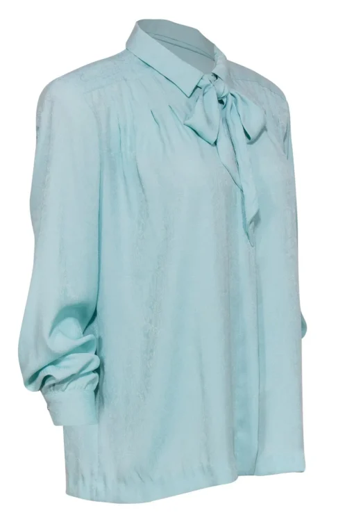 Doncaster - Blue Brocade Textured Button-Up Blouse w/ Neck Tie Sz 12
